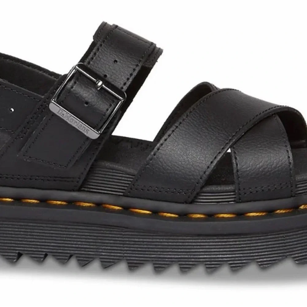 Dr. Martens Black Leather Platform Sandals with Yellow Stitching